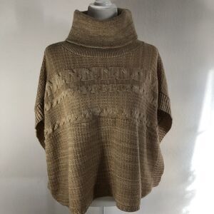 Vtg Art & Soul Knit Poncho Beige Cableknit Cowl Neck Sweater Shawl USA Sz M